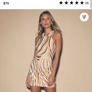 Raygen Beige Multi Sequin Halter Bodycon Mini Dress